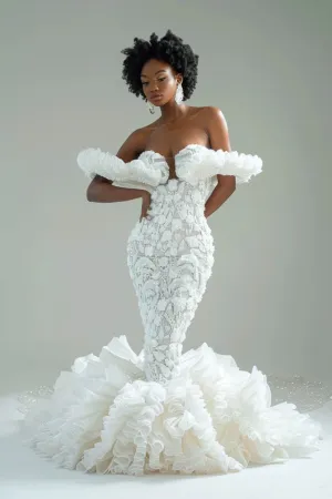Savannah  Elegant Sequin Off Shoulder  White Mermaid Gown  Wedding Dress