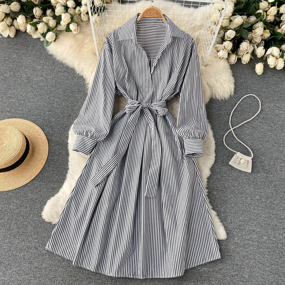 Simple striped long sleeve shirt dress   S244