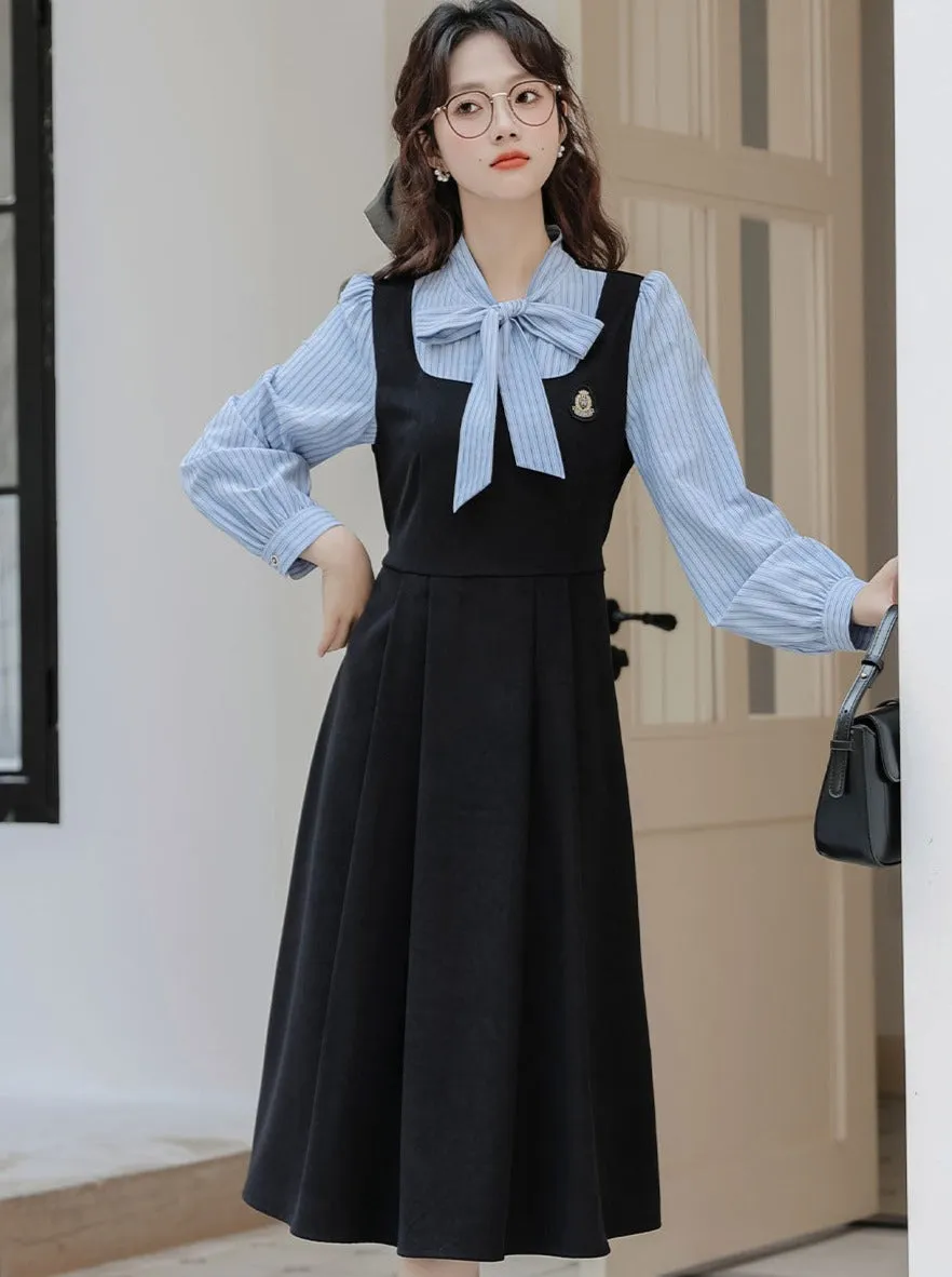 Striped Style Dress Splicing Faux College