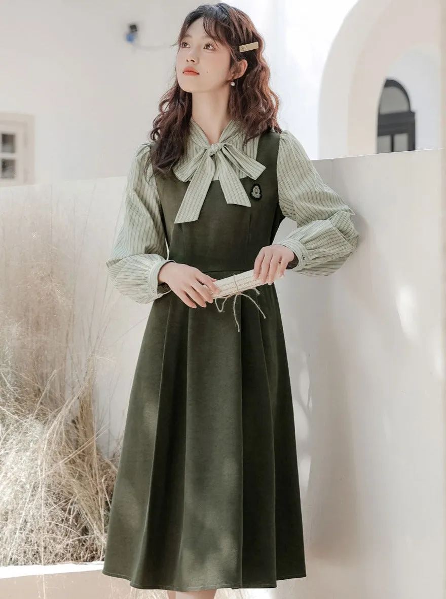 Striped Style Dress Splicing Faux College