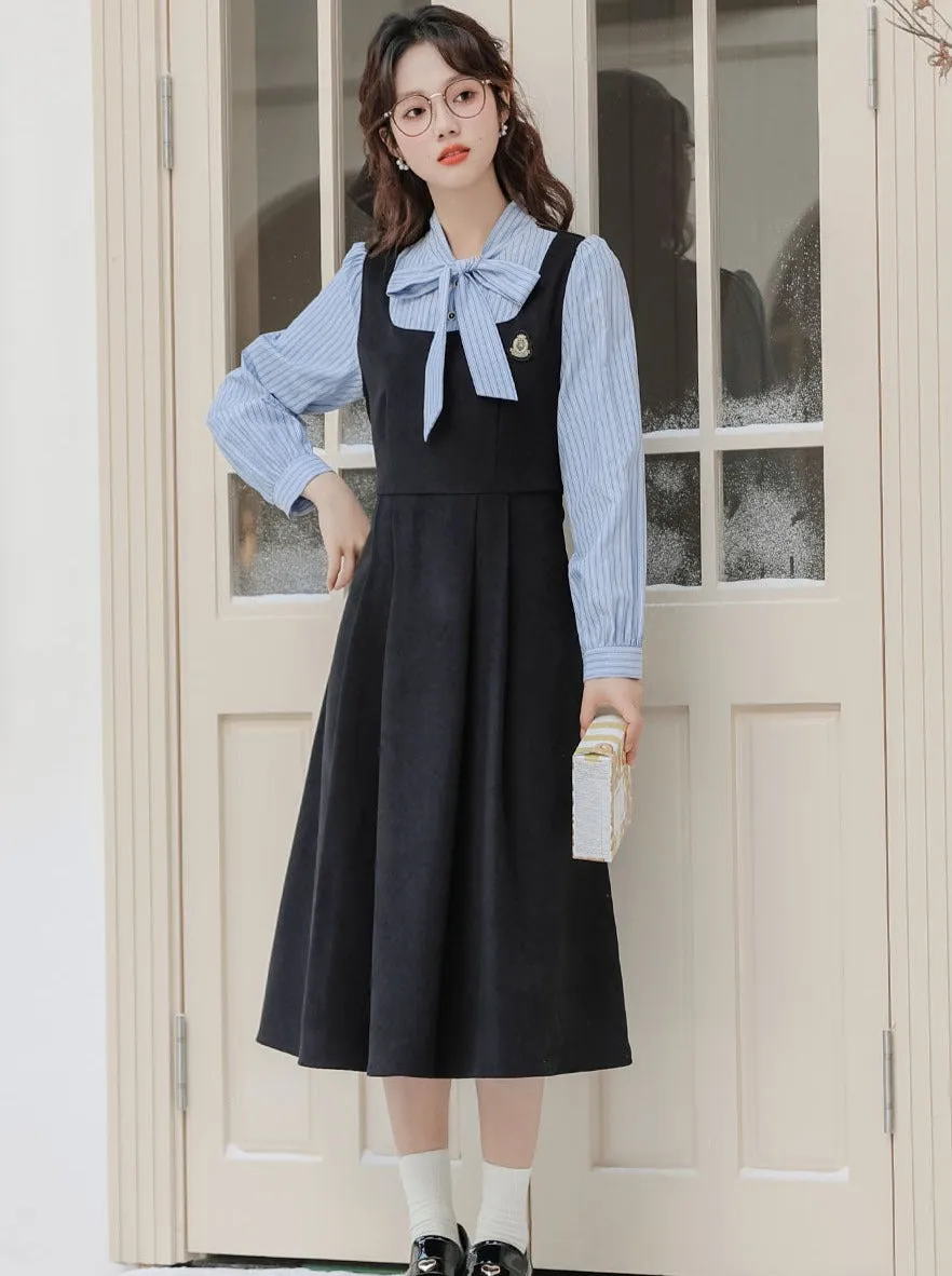 Striped Style Dress Splicing Faux College