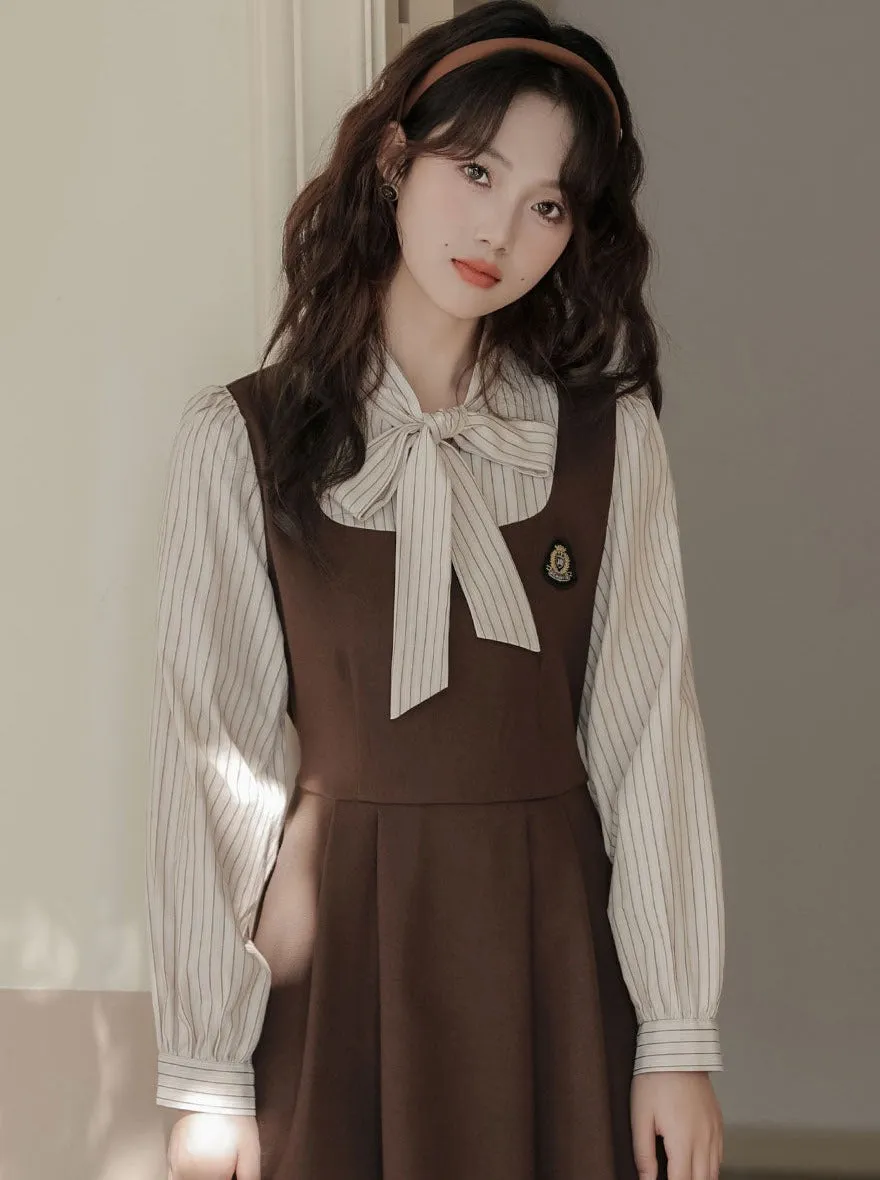 Striped Style Dress Splicing Faux College