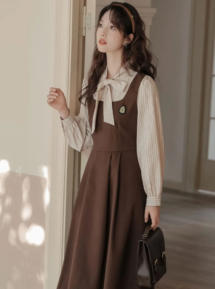 Striped Style Dress Splicing Faux College