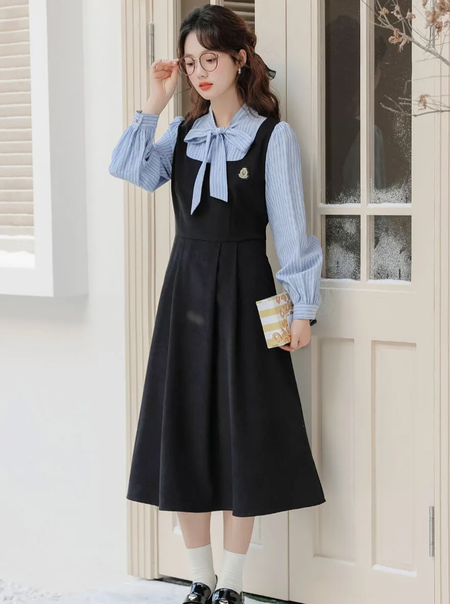 Striped Style Dress Splicing Faux College
