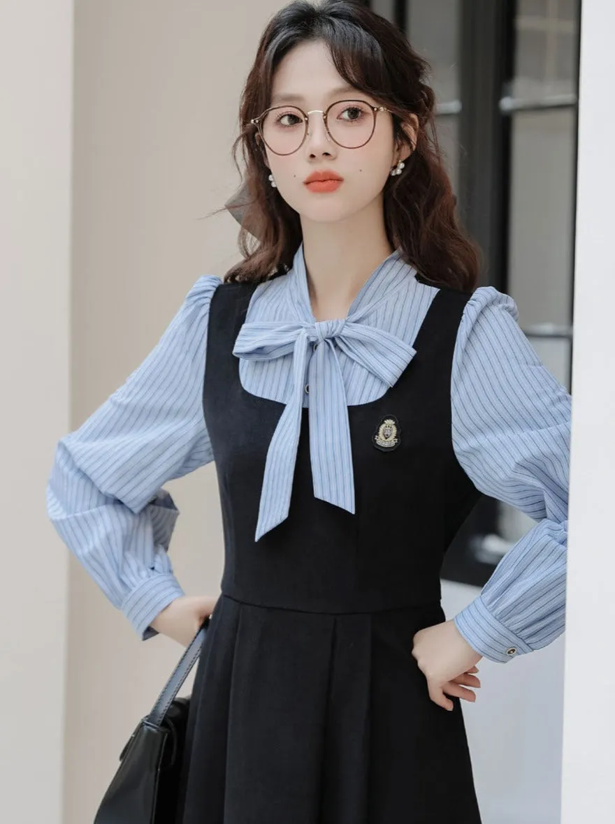 Striped Style Dress Splicing Faux College