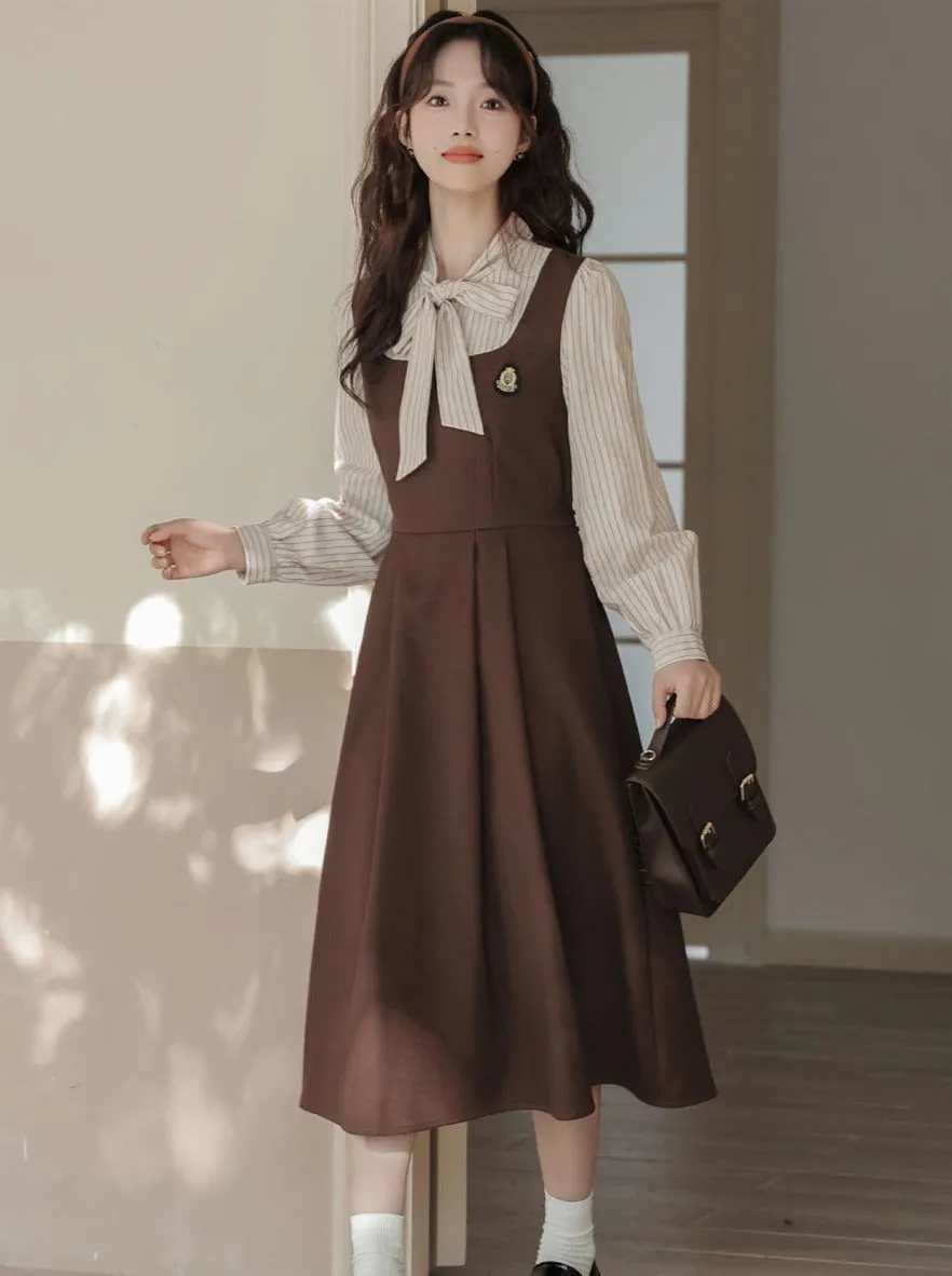 Striped Style Dress Splicing Faux College