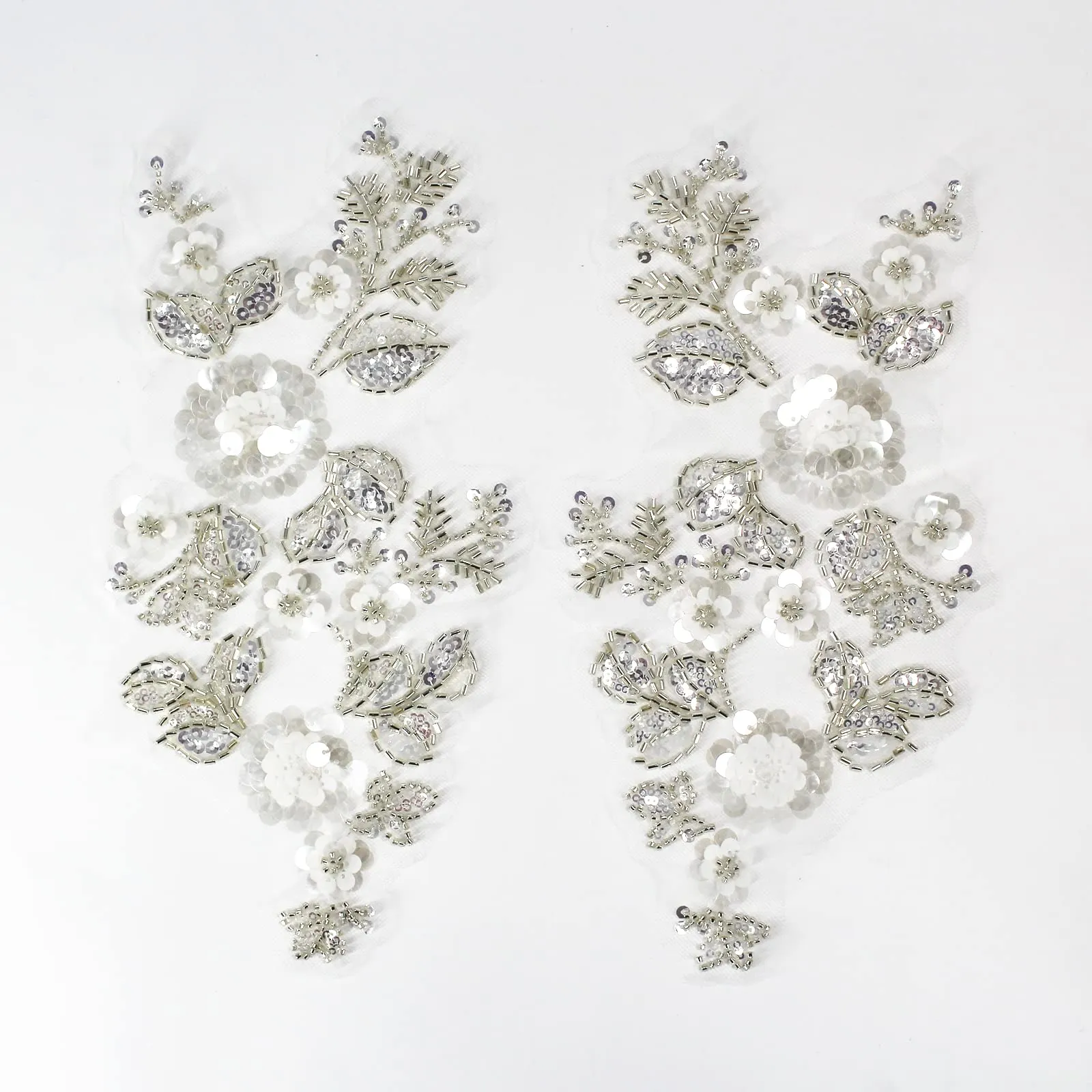 SUNMOVE One Pair 3D Beaded Embroidery Sequin Lace Applique White Mirror Sew On Flower Fabric Collar Patch Motif Wedding Gown Dress Bridal DIY Crafts
