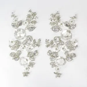 SUNMOVE One Pair 3D Beaded Embroidery Sequin Lace Applique White Mirror Sew On Flower Fabric Collar Patch Motif Wedding Gown Dress Bridal DIY Crafts