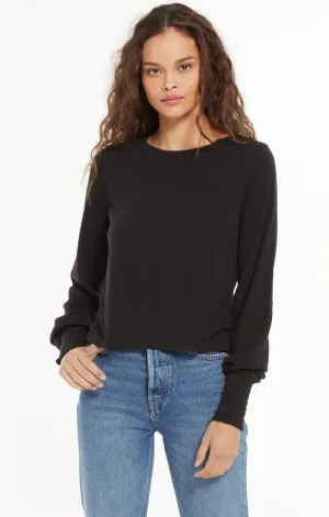 Z Supply "Lyla" Knit Top With Elastic Puff Sleeve Detail | Black, White
